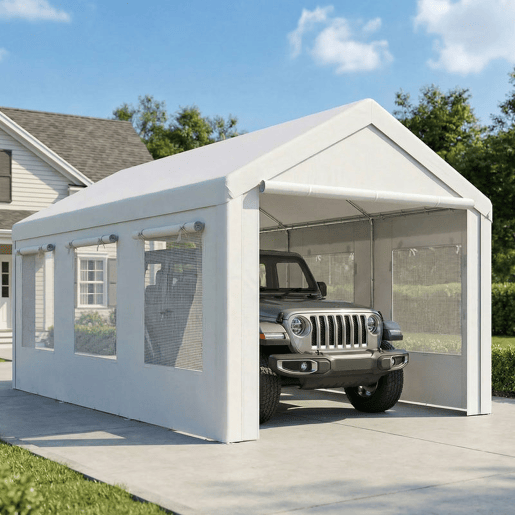 Outsunny Abrigo de Garagem Portátil 3x6 m Impermeável para Carro com 2 Portas Enroláveis e 6 Janelas em Rede, Altura Ajustável, Estrutura em Aço Galvanizado, UPF30+, Telheiro de Armazenamento Branco