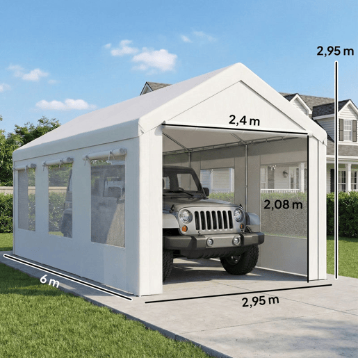 Outsunny Abrigo de Garagem Portátil 3x6 m Impermeável para Carro com 2 Portas Enroláveis e 6 Janelas em Rede, Altura Ajustável, Estrutura em Aço Galvanizado, UPF30+, Telheiro de Armazenamento Branco