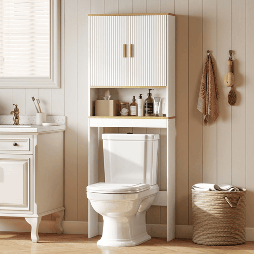 HOMCOM Estante para Casa de Banho sobre Sanita, Móvel Organizador de 3 Níveis com Prateleira Aberta, 2 Portas e Prateleira Ajustável, 64x20x170,5 cm, Branco