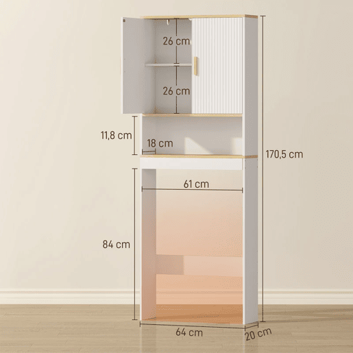 HOMCOM Estante para Casa de Banho sobre Sanita, Móvel Organizador de 3 Níveis com Prateleira Aberta, 2 Portas e Prateleira Ajustável, 64x20x170,5 cm, Branco