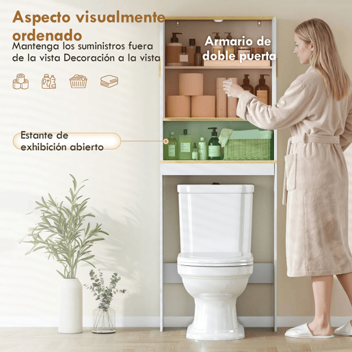 HOMCOM Estante para Casa de Banho sobre Sanita, Móvel Organizador de 3 Níveis com Prateleira Aberta, 2 Portas e Prateleira Ajustável, 64x20x170,5 cm, Branco
