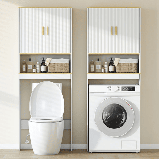 HOMCOM Estante para Casa de Banho sobre Sanita, Móvel Organizador de 3 Níveis com Prateleira Aberta, 2 Portas e Prateleira Ajustável, 64x20x170,5 cm, Branco
