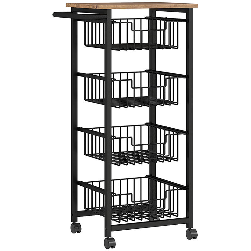 Homcom carrito de cocina, carrito verdulero para cocina con ruedas, 4 cestas deslizables y marco de acero, carrito auxiliar para comedor, 49,5x31x91 cm, roble