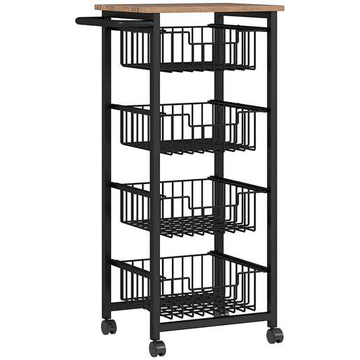 HOMCOM Carrinho de Cozinha Verdureiro com Rodas e 4 Cestos Deslizáveis Estrutura de Aço 49,5x31x91 cm Carvalho