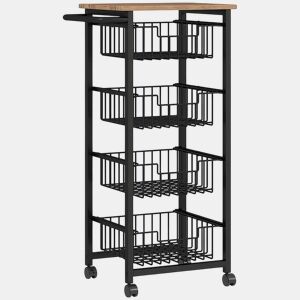 HOMCOM Carrinho de Cozinha Verdureiro com Rodas e 4 Cestos Deslizáveis Estrutura de Aço 49,5x31x91 cm Carvalho