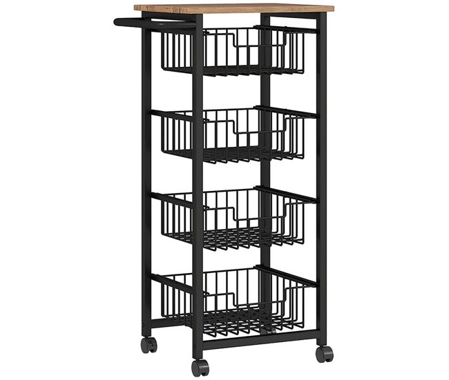 Homcom carrito de cocina, carrito verdulero para cocina con ruedas, 4 cestas deslizables y marco de acero, carrito auxiliar para comedor, 49,5x31x91 cm, roble