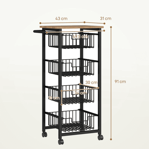 HOMCOM Carrinho de Cozinha Verdureiro com Rodas e 4 Cestos Deslizáveis Estrutura de Aço 49,5x31x91 cm Carvalho