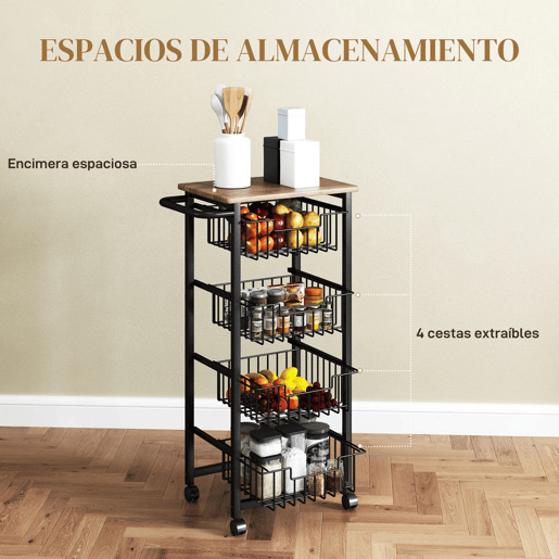 HOMCOM Carrinho de Cozinha Verdureiro com Rodas e 4 Cestos Deslizáveis Estrutura de Aço 49,5x31x91 cm Carvalho