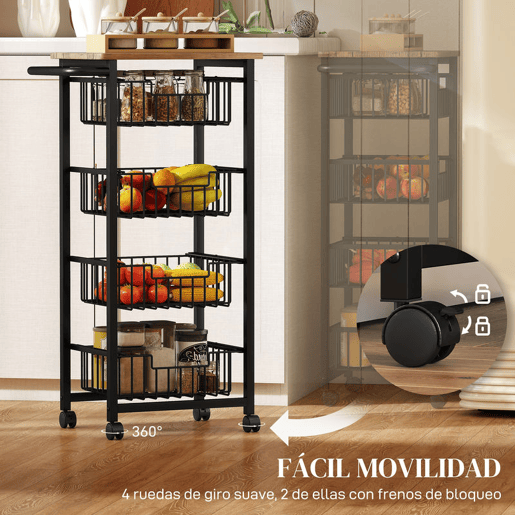 HOMCOM Carrinho de Cozinha Verdureiro com Rodas e 4 Cestos Deslizáveis Estrutura de Aço 49,5x31x91 cm Carvalho
