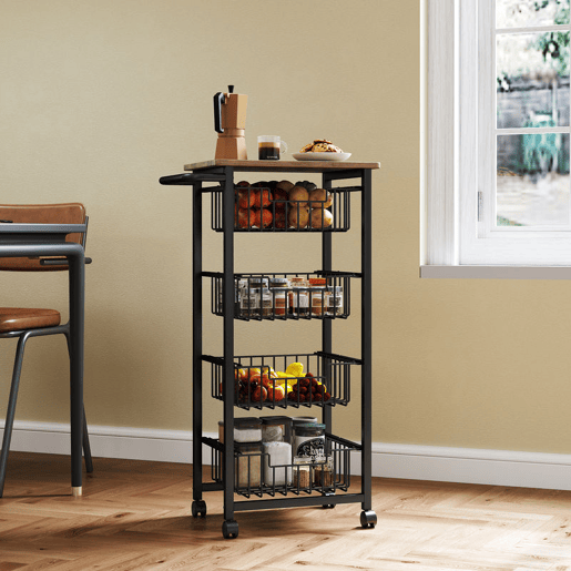HOMCOM Carrinho de Cozinha Verdureiro com Rodas e 4 Cestos Deslizáveis Estrutura de Aço 49,5x31x91 cm Carvalho