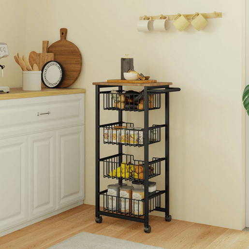 HOMCOM Carrinho de Cozinha Verdureiro com Rodas e 4 Cestos Deslizáveis Estrutura de Aço 49,5x31x91 cm Carvalho