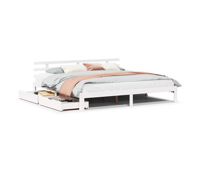 Estructura de cama doble matrimonial king size - cajones madera maciza pino blanco 180x200 cm