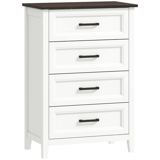 HOMCOM Cómoda 4 Gavetas Cómoda de Dormitório Estreita e Alta com Bancada com Efeito Madeira Cómoda para Espaços Reduzidos 60x35x87 cm Branco