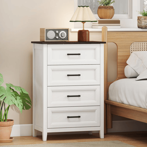 HOMCOM Cómoda 4 Gavetas Cómoda de Dormitório Estreita e Alta com Bancada com Efeito Madeira Cómoda para Espaços Reduzidos 60x35x87 cm Branco