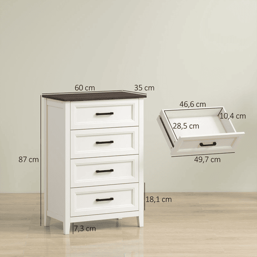 HOMCOM Cómoda 4 Gavetas Cómoda de Dormitório Estreita e Alta com Bancada com Efeito Madeira Cómoda para Espaços Reduzidos 60x35x87 cm Branco