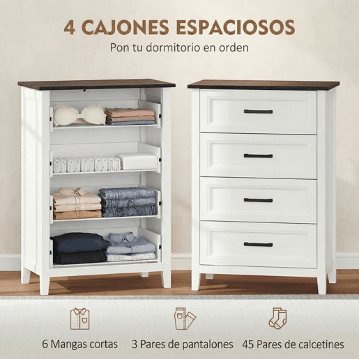 HOMCOM Cómoda 4 Gavetas Cómoda de Dormitório Estreita e Alta com Bancada com Efeito Madeira Cómoda para Espaços Reduzidos 60x35x87 cm Branco