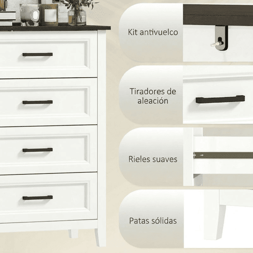 HOMCOM Cómoda 4 Gavetas Cómoda de Dormitório Estreita e Alta com Bancada com Efeito Madeira Cómoda para Espaços Reduzidos 60x35x87 cm Branco