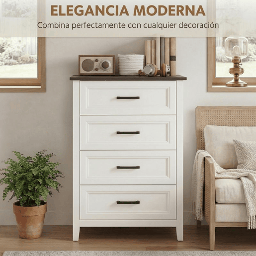 HOMCOM Cómoda 4 Gavetas Cómoda de Dormitório Estreita e Alta com Bancada com Efeito Madeira Cómoda para Espaços Reduzidos 60x35x87 cm Branco