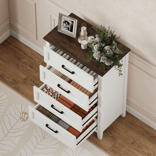 HOMCOM Cómoda 4 Gavetas Cómoda de Dormitório Estreita e Alta com Bancada com Efeito Madeira Cómoda para Espaços Reduzidos 60x35x87 cm Branco