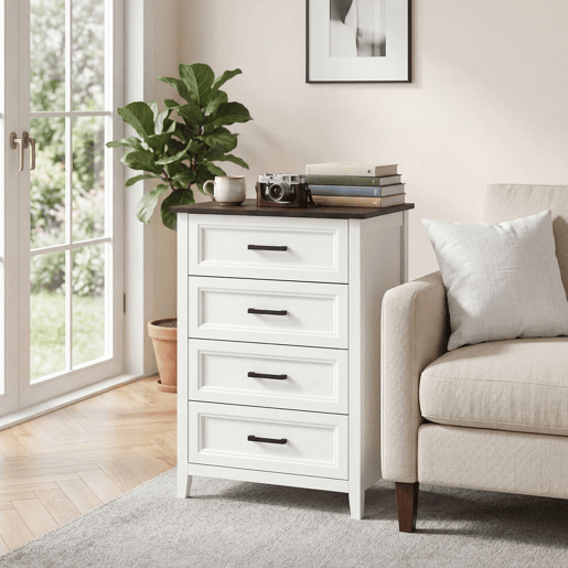 HOMCOM Cómoda 4 Gavetas Cómoda de Dormitório Estreita e Alta com Bancada com Efeito Madeira Cómoda para Espaços Reduzidos 60x35x87 cm Branco
