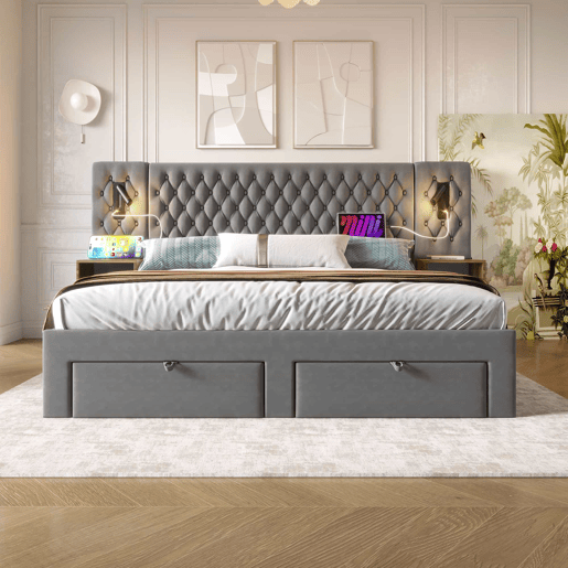 Cama estofada 180x200 cm - Com 2 mesas de cabeceira e 4 gavetas, cabeceira com luz de leitura e porta USB - Cinza