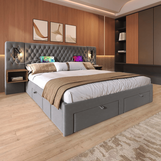 Cama estofada 180x200 cm - Com 2 mesas de cabeceira e 4 gavetas, cabeceira com luz de leitura e porta USB - Cinza