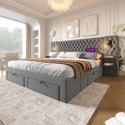 Cama estofada 180x200 cm - Com 2 mesas de cabeceira e 4 gavetas, cabeceira com luz de leitura e porta USB - Cinza