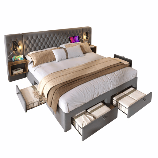 Cama estofada 180x200 cm - Com 2 mesas de cabeceira e 4 gavetas, cabeceira com luz de leitura e porta USB - Cinza
