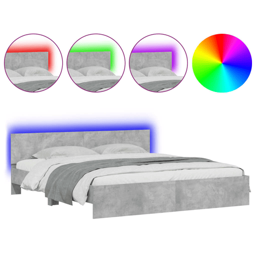 Estrutura de cama de casal cabeceira e luzes LED - 200x200cm cinzento cimento