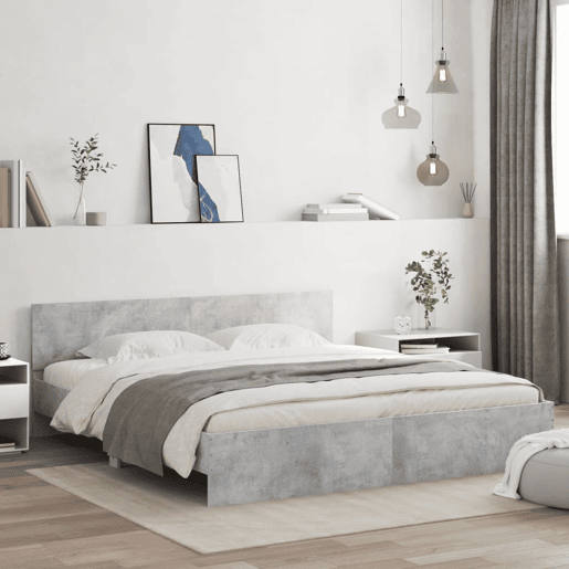 Estrutura de cama de casal cabeceira e luzes LED - 200x200cm cinzento cimento