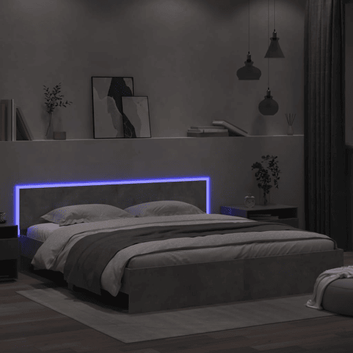 Estrutura de cama de casal cabeceira e luzes LED - 200x200cm cinzento cimento