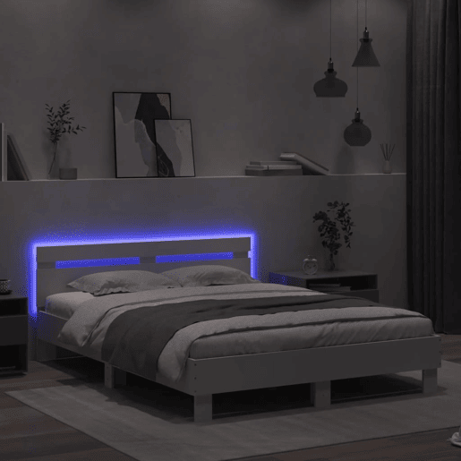 Estrutura de Cama de casal para adultos c cabeceira e luzes LED 150x200 cm branco