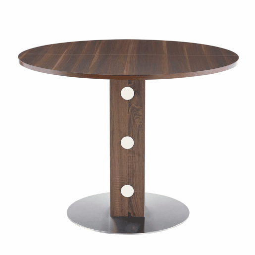 Mesa de jantar redonda de 100 cm - pedestal quadrado, detalhes espelhados, estrutura metálica - nogueira