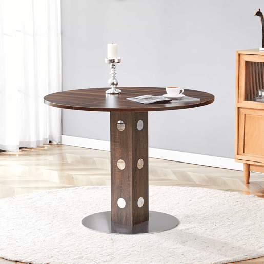 Mesa de jantar redonda de 100 cm - pedestal quadrado, detalhes espelhados, estrutura metálica - nogueira