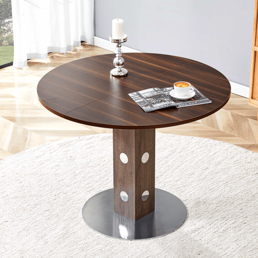 Mesa de jantar redonda de 100 cm - pedestal quadrado, detalhes espelhados, estrutura metálica - nogueira