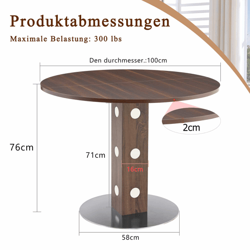 Mesa de jantar redonda de 100 cm - pedestal quadrado, detalhes espelhados, estrutura metálica - nogueira