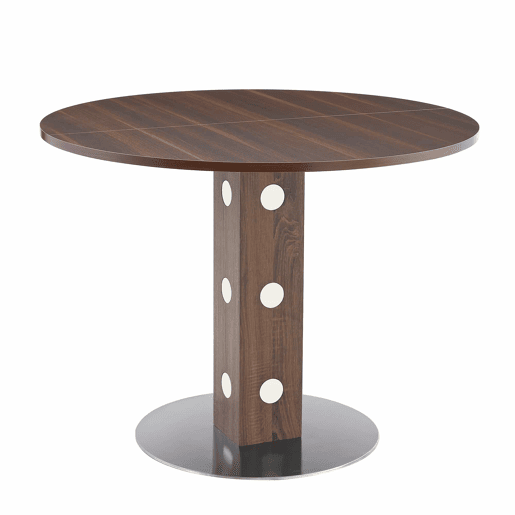 Mesa de jantar redonda de 100 cm - pedestal quadrado, detalhes espelhados, estrutura metálica - nogueira
