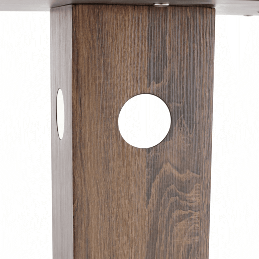 Mesa de jantar redonda de 100 cm - pedestal quadrado, detalhes espelhados, estrutura metálica - nogueira