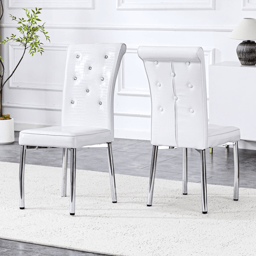 Cadeiras de sala de jantar 2 unidades - Estofamento retro em pele de crocodilo, fivela em cristal, pernas em metal - Branco
