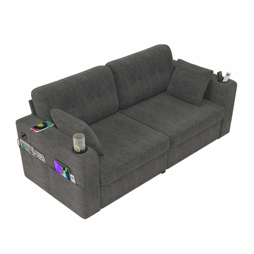 Sofá de 2 lugares - com arrumação, porta-USB, porta-copos e bolsos laterais - cinzento