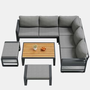 Conjunto de cadeirões de jardim para 6-7 pessoas - Sofá de canto e espreguiçadeira em corda trançada, resistente às intempéries, almofadas macias, pés ajustáveis - Cinza
