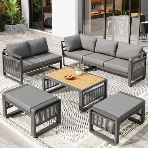 Conjunto de cadeirões de jardim para 6-7 pessoas - Sofá de canto e espreguiçadeira em corda trançada, resistente às intempéries, almofadas macias, pés ajustáveis - Cinza