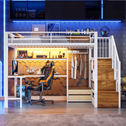 Cama alta 90 x 200 cm - estrutura em ferro, 2 gavetas, grelha para pendurar objetos, fita LED, secretária, escada com espaço de arrumação, sem colchão - branco