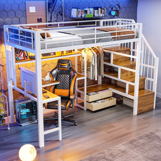 Cama alta 90 x 200 cm - estrutura em ferro, 2 gavetas, grelha para pendurar objetos, fita LED, secretária, escada com espaço de arrumação, sem colchão - branco