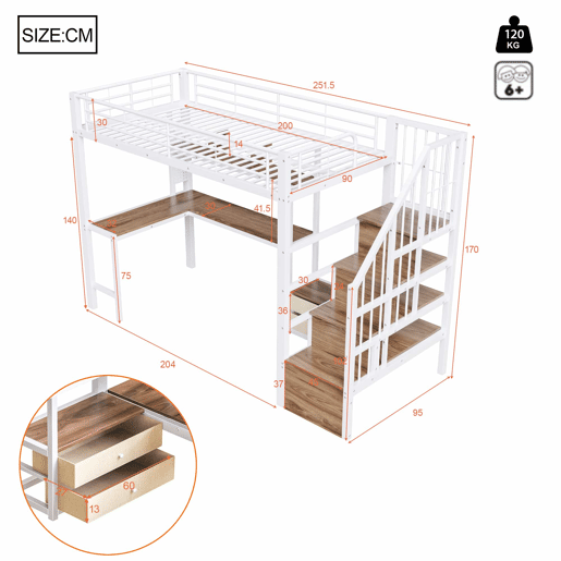 Cama alta 90 x 200 cm - estrutura em ferro, 2 gavetas, grelha para pendurar objetos, fita LED, secretária, escada com espaço de arrumação, sem colchão - branco