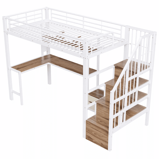 Cama alta 90 x 200 cm - estrutura em ferro, 2 gavetas, grelha para pendurar objetos, fita LED, secretária, escada com espaço de arrumação, sem colchão - branco