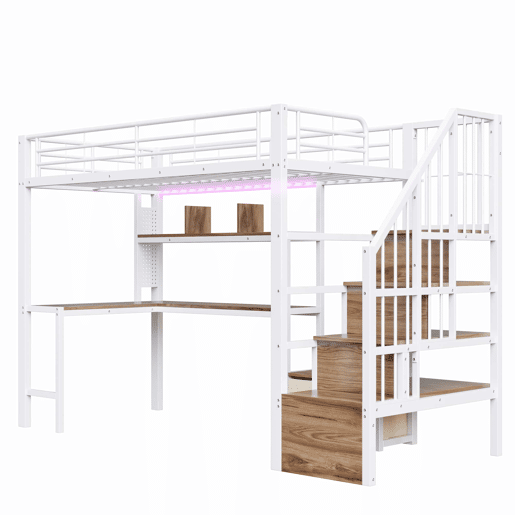 Cama alta 90 x 200 cm - estrutura em ferro, 2 gavetas, grelha para pendurar objetos, fita LED, secretária, escada com espaço de arrumação, sem colchão - branco