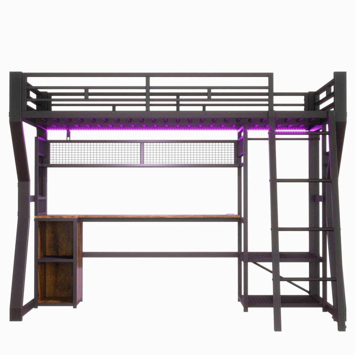cama alta 90x200 cm - estructura de hierro tira de luz led enchufe integrado zona de colgado de ropa escritorio compartimentos de almacenamiento estantes espacio abierto bajo la cama sin colchon - negro