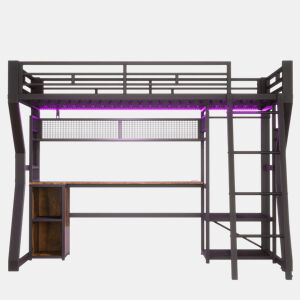Cama alta 90x200 cm - estrutura em ferro, faixa de luz LED, tomada integrada, zona para pendurar roupa, secretária, compartimentos de arrumação, prateleiras, espaço aberto debaixo da cama, sem colchão - preto