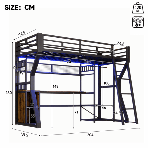 Cama alta 90x200 cm - estrutura em ferro, faixa de luz LED, tomada integrada, zona para pendurar roupa, secretária, compartimentos de arrumação, prateleiras, espaço aberto debaixo da cama, sem colchão - preto